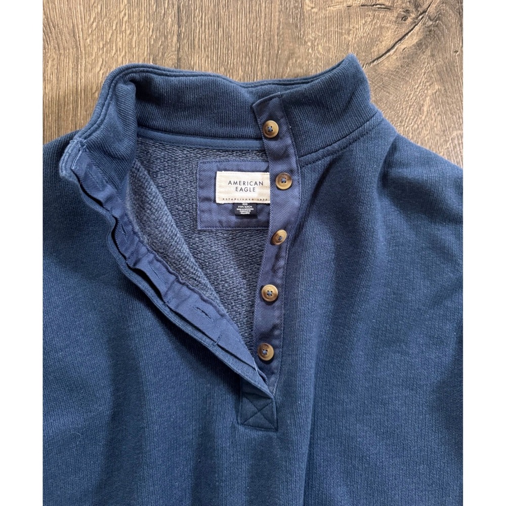 American Eagle Henley Cropped Sweatshirt XXS Navy Blue Cotton Sweater Collar - Picture 3 of 6